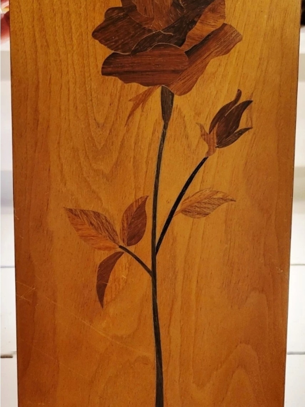 Rose Marquetry Signed Wooden Rose Inlay Wall Panel - Brown